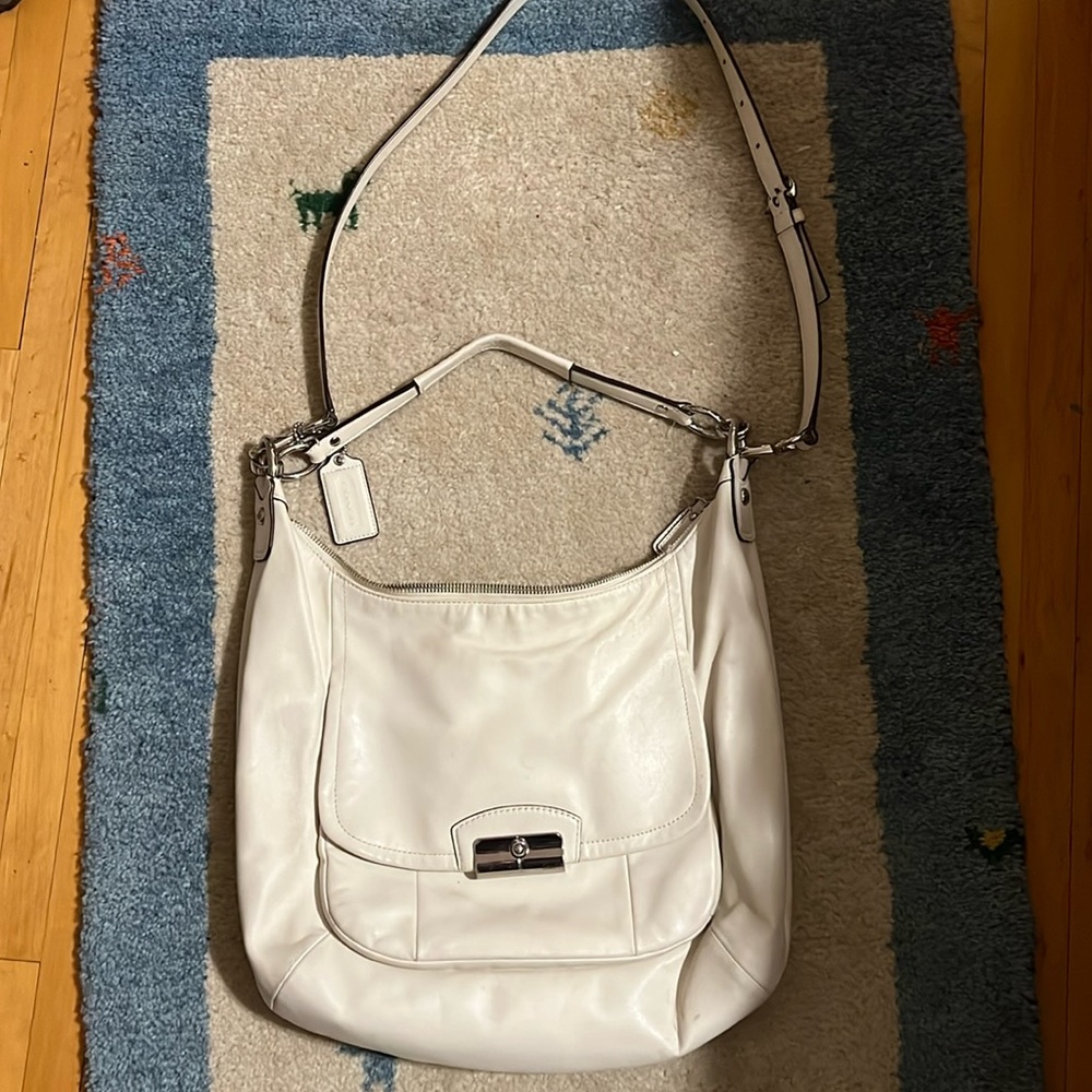 Coach dual shoulder/crossbody white bag with silver hardware